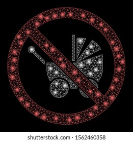 Flare mesh no baby carriage with lightspot effect. Abstract illuminated model of no baby carriage icon. Shiny wire carcass triangular mesh no baby carriage. Vector abstraction on a black background.