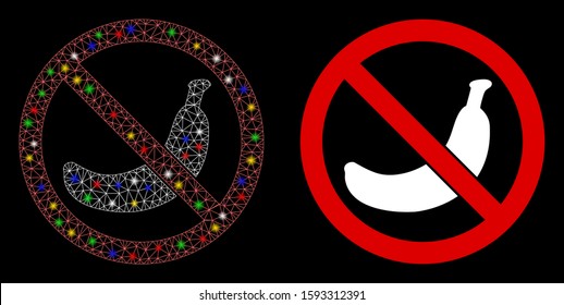 Flare mesh no banana icon with glare effect. Abstract illuminated model of no banana. Shiny wire frame triangular mesh no banana icon. Vector abstraction on a black background.