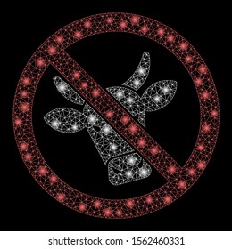 Flare mesh no beef with glare effect. Abstract illuminated model of no beef icon. Shiny wire carcass polygonal mesh no beef. Vector abstraction on a black background.