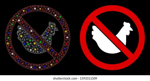 Flare mesh no chicken icon with glare effect. Abstract illuminated model of no chicken. Shiny wire carcass triangular network no chicken icon. Vector abstraction on a black background.