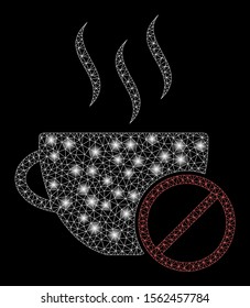 Flare mesh no coffee with lightspot effect. Abstract illuminated model of no coffee icon. Shiny wire carcass polygonal mesh no coffee. Vector abstraction on a black background.