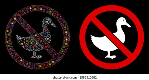 Flare mesh no duck icon with glare effect. Abstract illuminated model of no duck. Shiny wire carcass polygonal mesh no duck icon. Vector abstraction on a black background.