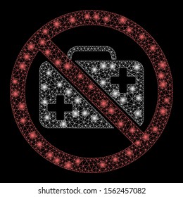 Flare mesh no first-aid case with glitter effect. Abstract illuminated model of no first-aid case icon. Shiny wire frame polygonal network no first-aid case. Vector abstraction on a black background.