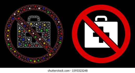 Flare mesh no first-aid icon with glitter effect. Abstract illuminated model of no first-aid. Shiny wire carcass triangular mesh no first-aid icon. Vector abstraction on a black background.