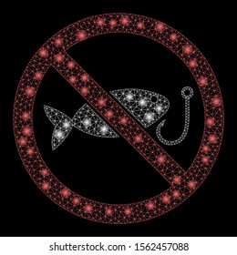 Flare mesh no fishing with glare effect. Abstract illuminated model of no fishing icon. Shiny wire frame polygonal mesh no fishing. Vector abstraction on a black background.