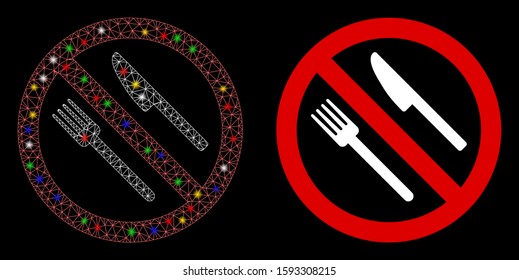 Flare mesh no food icon with glow effect. Abstract illuminated model of no food. Shiny wire carcass polygonal mesh no food icon. Vector abstraction on a black background.