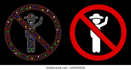 Flare mesh no hitchhiking icon with glitter effect. Abstract illuminated model of no hitchhiking. Shiny wire carcass polygonal mesh no hitchhiking icon. Vector abstraction on a black background.