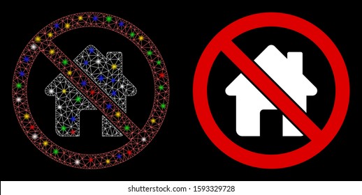 Flare mesh no home icon with sparkle effect. Abstract illuminated model of no home. Shiny wire frame triangular mesh no home icon. Vector abstraction on a black background.