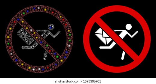 Flare mesh no mail courier icon with lightspot effect. Abstract illuminated model of no mail courier. Shiny wire frame triangular mesh no mail courier icon. Vector abstraction on a black background.