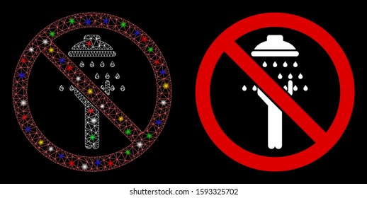 Flare mesh no man shower icon with lightspot effect. Abstract illuminated model of no man shower. Shiny wire frame triangular mesh no man shower icon. Vector abstraction on a black background.