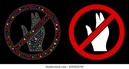 Flare mesh no manage hand icon with glare effect. Abstract illuminated model of no manage hand. Shiny wire carcass polygonal mesh no manage hand icon. Vector abstraction on a black background.