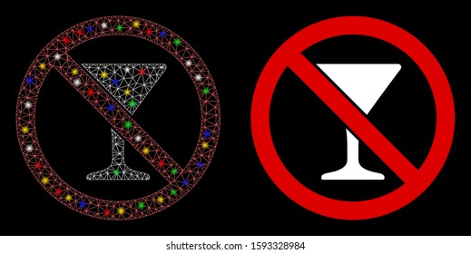 Flare mesh no martini glass icon with glow effect. Abstract illuminated model of no martini glass. Shiny wire frame triangular mesh no martini glass icon. Vector abstraction on a black background.