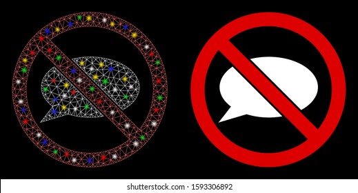 Flare mesh no message icon with glare effect. Abstract illuminated model of no message. Shiny wire frame polygonal mesh no message icon. Vector abstraction on a black background.