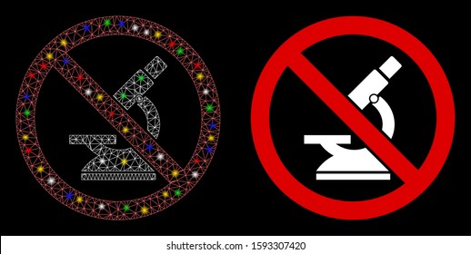Flare mesh no microscope icon with lightspot effect. Abstract illuminated model of no microscope. Shiny wire carcass triangular mesh no microscope icon. Vector abstraction on a black background.