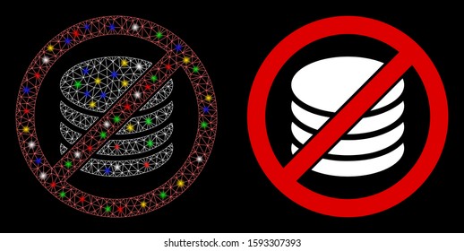 Flare mesh no payment icon with glare effect. Abstract illuminated model of no payment. Shiny wire carcass polygonal mesh no payment icon. Vector abstraction on a black background.