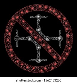 Flare mesh no quadcopter with lightspot effect. Abstract illuminated model of no quadrocopter icon. Shiny wire carcass triangular mesh no quadrocopter. Vector abstraction on a black background.