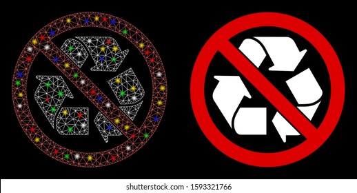 Flare mesh no recycling icon with glare effect. Abstract illuminated model of no recycling. Shiny wire frame triangular mesh no recycling icon. Vector abstraction on a black background.
