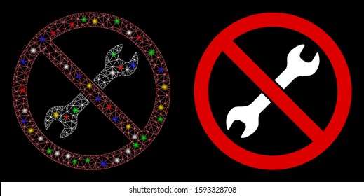 Flare Mesh No Repair Wrench Icon With Glare Effect. Abstract Illuminated Model Of No Repair Wrench. Shiny Wire Frame Polygonal Mesh No Repair Wrench Icon. Vector Abstraction On A Black Background.