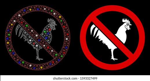 Flare mesh no rooster icon with glare effect. Abstract illuminated model of no rooster. Shiny wire frame triangular mesh no rooster icon. Vector abstraction on a black background.