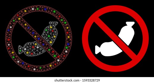 Flare mesh no sausage icon with glow effect. Abstract illuminated model of no sausage. Shiny wire carcass polygonal mesh no sausage icon. Vector abstraction on a black background.