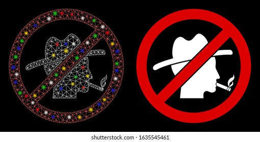 Flare mesh no smoking guy icon with lightspot effect. Abstract illuminated model of no smoking guy. Shiny wire frame polygonal mesh no smoking guy icon.