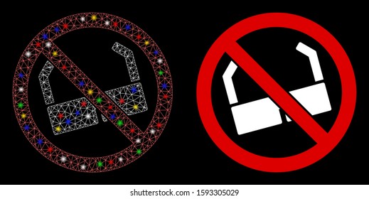 Flare mesh no sun glasses icon with lightspot effect. Abstract illuminated model of no sun glasses. Shiny wire carcass triangular mesh no sun glasses icon. Vector abstraction on a black background.
