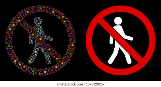 Flare mesh no trespassing icon with glow effect. Abstract illuminated model of no trespassing. Shiny wire frame triangular mesh no trespassing icon. Vector abstraction on a black background.