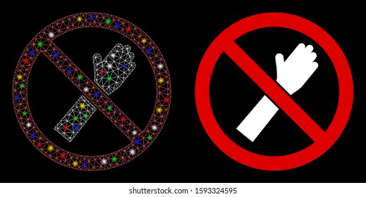 Flare mesh no voting icon with glitter effect. Abstract illuminated model of no voting. Shiny wire carcass polygonal mesh no voting icon. Vector abstraction on a black background.