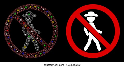 Flare mesh no walking icon with glare effect. Abstract illuminated model of no walking. Shiny wire frame polygonal network no walking icon. Vector abstraction on a black background.