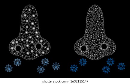 Flare mesh nose flu sikness with glare effect. Abstract illuminated model of nose flu sikness icon. Shiny wire carcass polygonal mesh nose flu sikness icon. Vector abstraction on a black background.