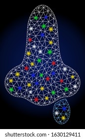 Flare mesh nose flu with sparkle effect. Abstract illuminated model of nose flu. Shiny wire frame polygonal network nose flu icon. Vector abstraction on a dark blue gradient background.