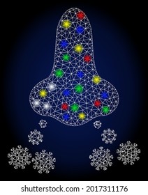 Flare mesh nose virus spread with constellation effect. Abstract illuminated vector model of nose virus spread icon on a dark blue gradiented background.