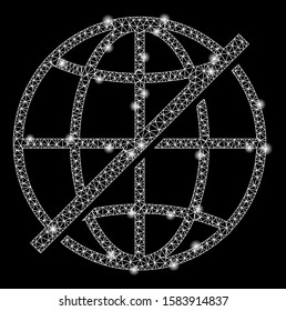Flare mesh not global with glow effect. Abstract illuminated model of not global icon. Shiny wire carcass triangular mesh not global. Vector abstraction on a black background.