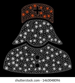 Flare mesh nurse with lightspot effect. Abstract illuminated model of nurse icon. Shiny wire frame triangular mesh nurse. Vector abstraction on a black background.