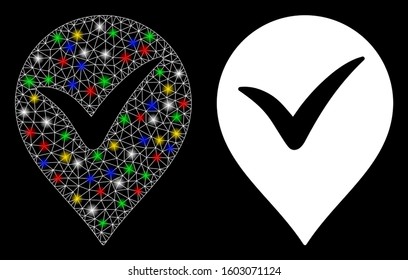 Flare mesh OK marker icon with lightspot effect. Abstract illuminated model of OK marker. Shiny wire frame triangular mesh OK marker icon. Vector abstraction on a black background.