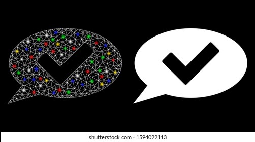 Flare mesh OK message icon with glitter effect. Abstract illuminated model of OK message. Shiny wire carcass triangular mesh OK message icon. Vector abstraction on a black background.