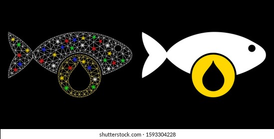 Flare mesh Omega 3 oil icon with lightspot effect. Abstract illuminated model of Omega 3 oil. Shiny wire frame polygonal mesh Omega 3 oil icon. Vector abstraction on a black background.
