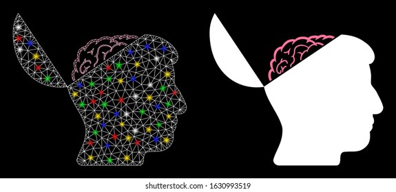 Flare mesh open mind icon with glare effect. Abstract illuminated model of open mind. Shiny wire frame triangular mesh open mind icon. Vector abstraction on a black background.