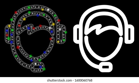 Flare mesh operator icon with glare effect. Abstract illuminated model of operator. Shiny wire frame polygonal network operator icon. Vector abstraction on a black background.