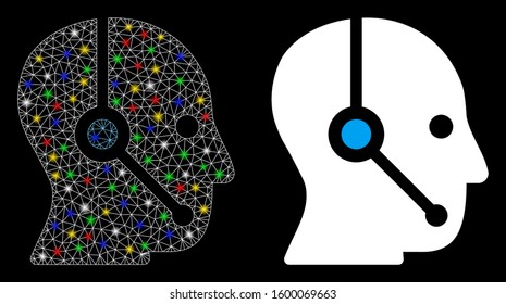 Flare mesh operator icon with glow effect. Abstract illuminated model of operator. Shiny wire carcass triangular mesh operator icon. Vector abstraction on a black background.