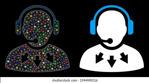 Flare mesh operator message icon with sparkle effect. Abstract illuminated model of operator message. Shiny wire frame polygonal mesh operator message icon. Vector abstraction on a black background.