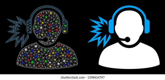 Flare mesh operator message icon with glare effect. Abstract illuminated model of operator message. Shiny wire frame polygonal mesh operator message icon. Vector abstraction on a black background.