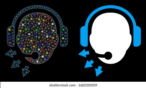 Flare mesh operator message icon with glow effect. Abstract illuminated model of operator message. Shiny wire frame polygonal mesh operator message icon. Vector abstraction on a black background.