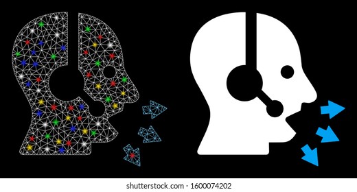 Flare mesh operator speak icon with glare effect. Abstract illuminated model of operator speak. Shiny wire carcass triangular mesh operator speak icon. Vector abstraction on a black background.