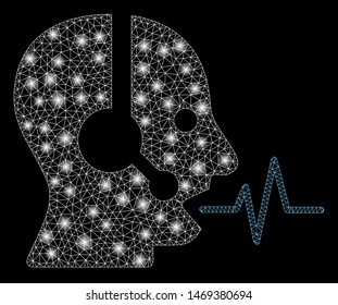 Flare mesh operator speech with lightspot effect. Abstract illuminated model of operator speech icon. Shiny wire carcass triangular mesh operator speech. Vector abstraction on a black background.