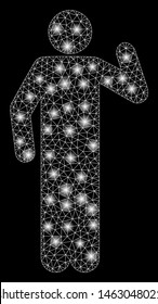 Flare mesh opinion pose with lightspot effect. Abstract illuminated model of opinion pose icon. Shiny wire carcass triangular mesh opinion pose. Vector abstraction on a black background.