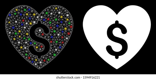 Flare mesh paid love icon with glow effect. Abstract illuminated model of paid love. Shiny wire frame polygonal network paid love icon. Vector abstraction on a black background.