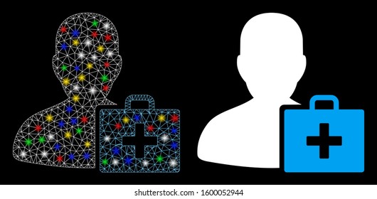 Flare mesh paramedic icon with glare effect. Abstract illuminated model of paramedic. Shiny wire frame triangular mesh paramedic icon. Vector abstraction on a black background.