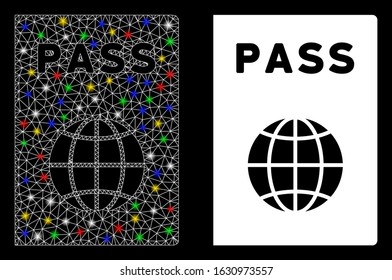 Flare mesh passport icon with glare effect. Abstract illuminated model of passport. Shiny wire carcass triangular mesh passport icon. Vector abstraction on a black background.