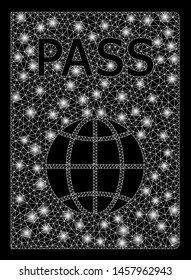 Flare mesh passport with lightspot effect. Abstract illuminated model of passport icon. Shiny wire frame triangular mesh passport. Vector abstraction on a black background.